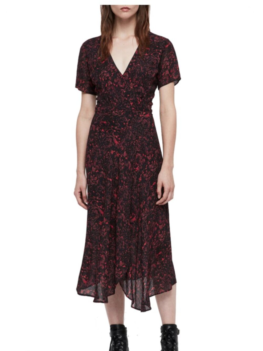 All Saints Seeta Rosey wrap dress, sheer floral pattern tie-waist Sz S